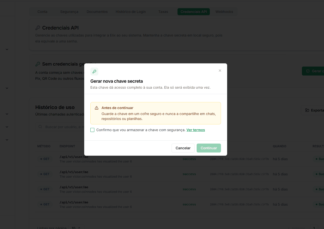 Confirmação para gerar novas credenciais de API