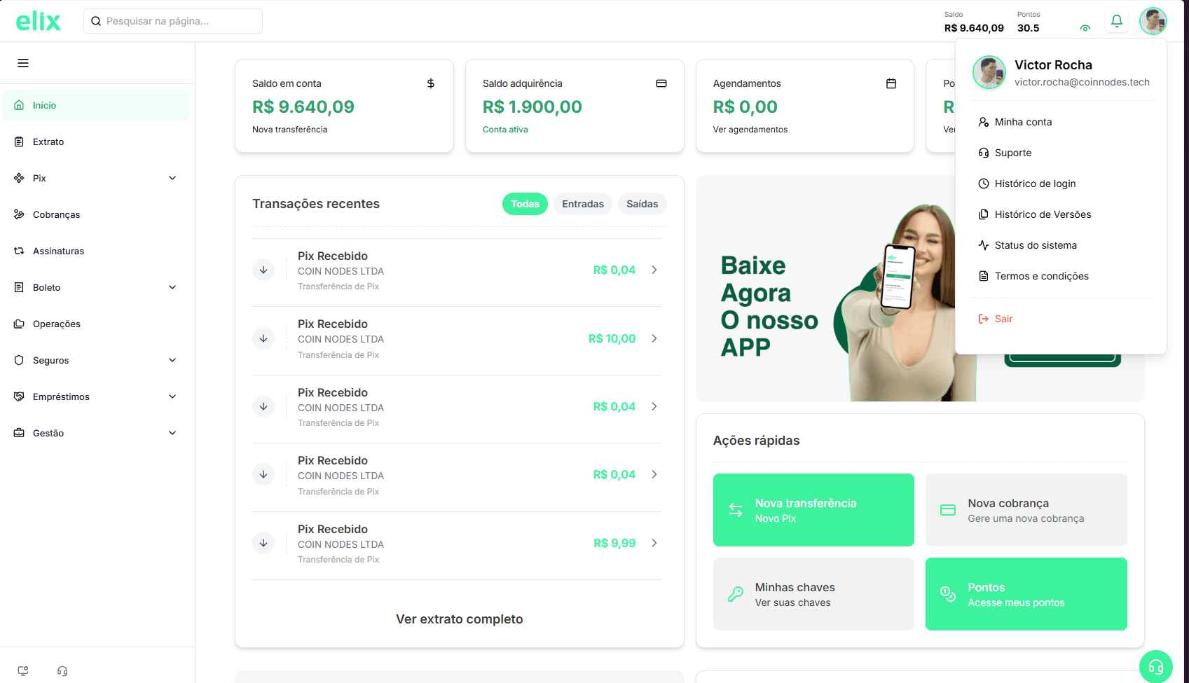 Menu da conta aberto no Painel da Elix