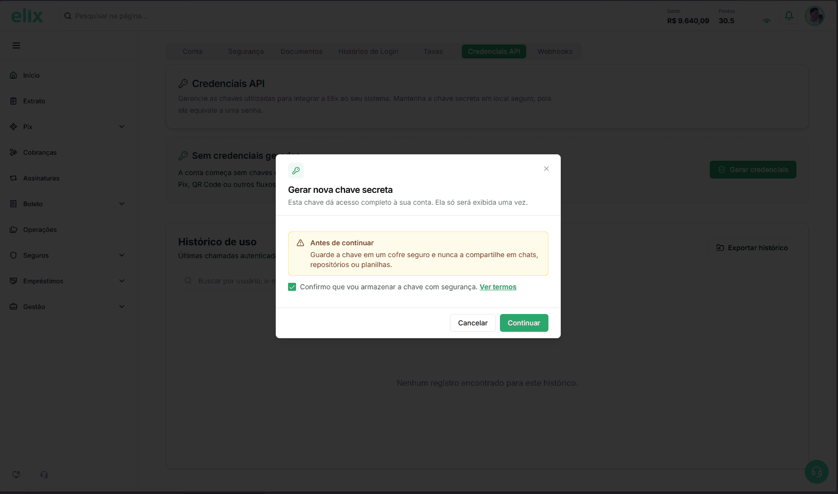 Confirmação para gerar novas credenciais de API