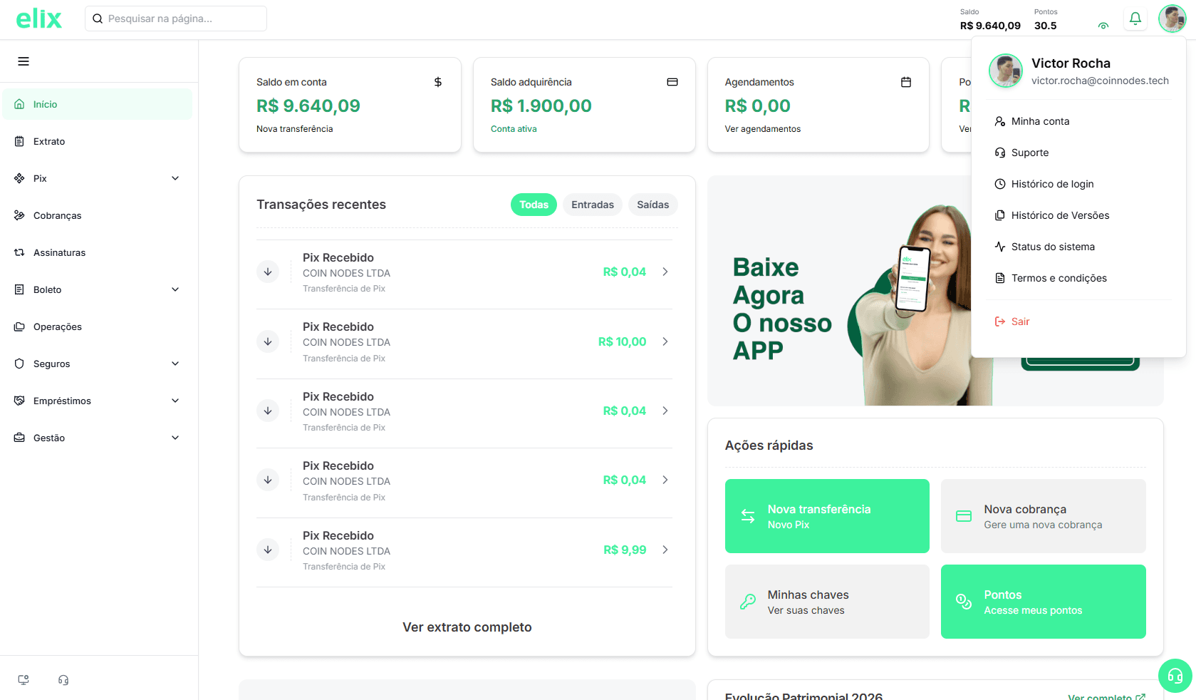 Menu da conta aberto no Painel da Elix