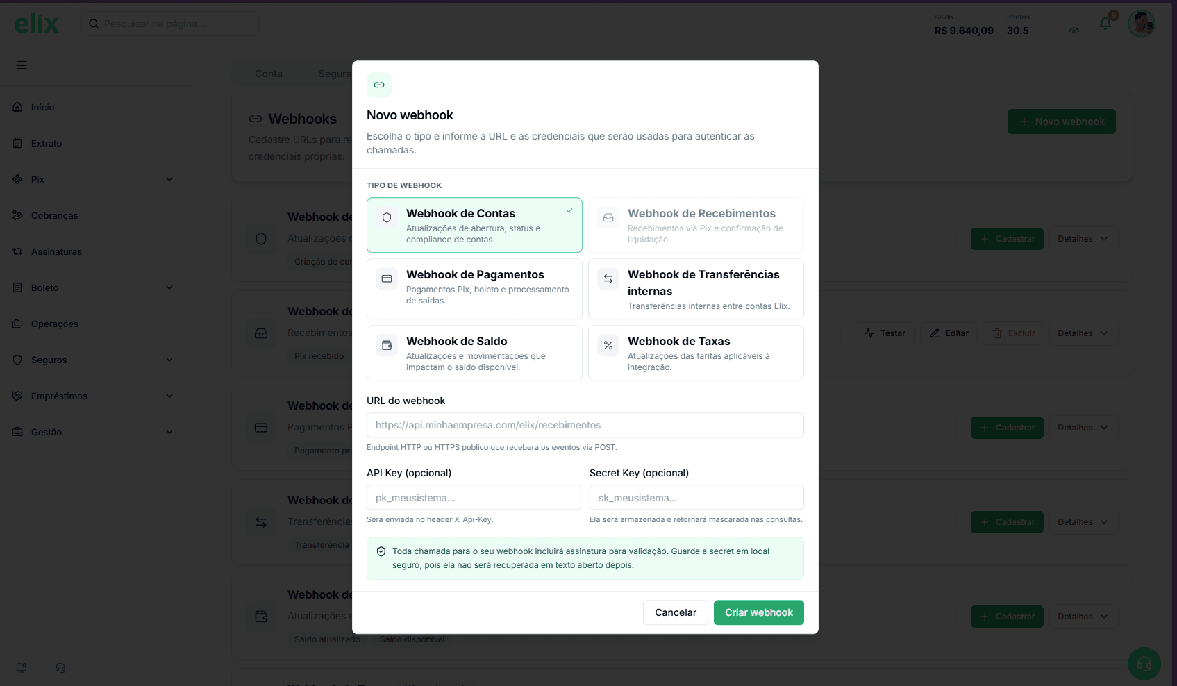 Modal para cadastrar um novo webhook no Painel da Elix