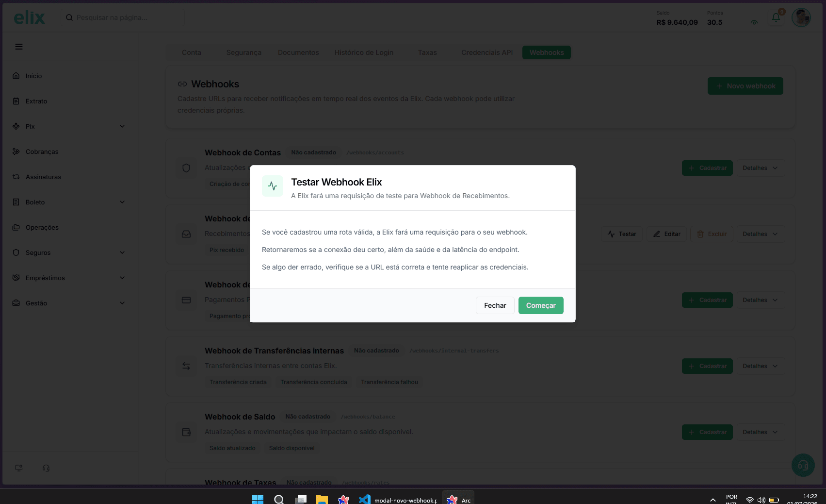Modal para testar um webhook cadastrado no Painel da Elix