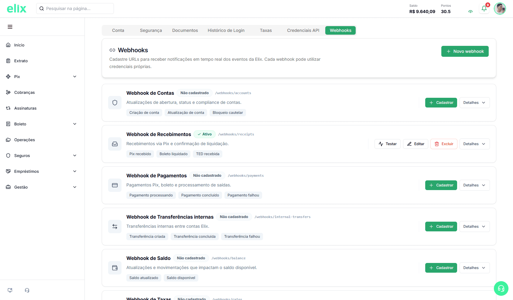 Aba Webhooks no Painel da Elix com os tipos disponíveis
